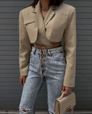 OOTDGIRL Gray Double Layer Bandage Slim Blazer Women Long Sleeve Pocket Short Jacket Female Notched Collar Outwear Tops 2022 New