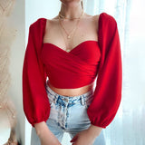 Ootdgirl  Long Sleeve Square Collar Tops  Elegant T-Shirts For Women Fashion Ruched Crop Top Solid Color Tees Autumn Lady Streetwear