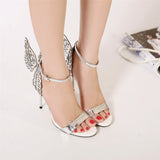 OOTDGIRL Luxury Women 10Cm High Heels Fetish Leather Sandals Sexy Metal Butterfly Summer Shoes Lady Gold Stiletto Party Valentine Sandles