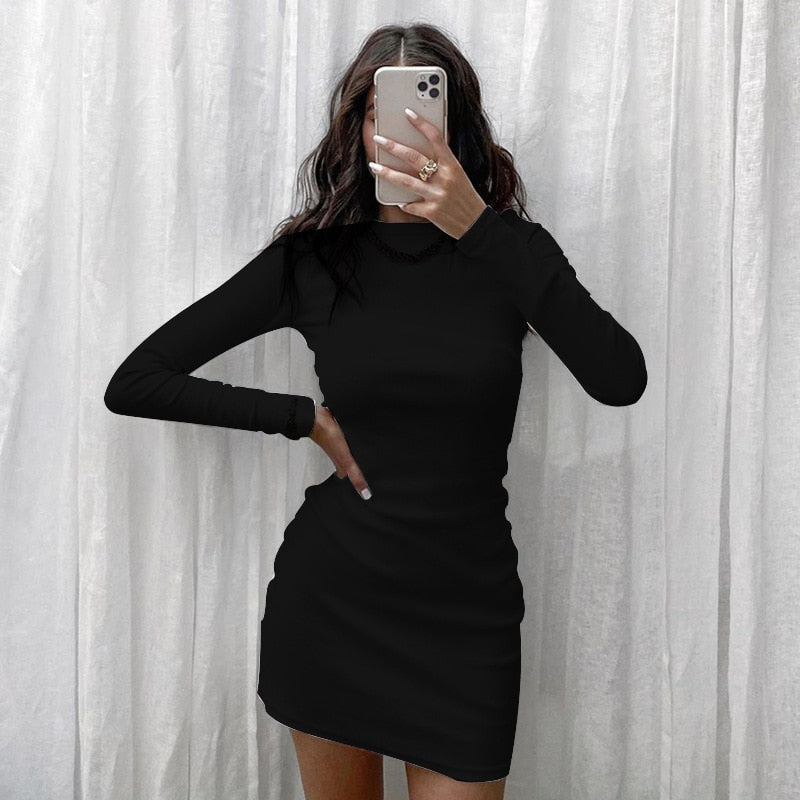 Ootdgirl Women's Simple  Long Sleeve Sheath Dress Solid Round Neck Long Sleeve Slim Fit Short Dress Ladies Spring Fall Fashion Clothes