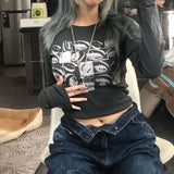 OOTDGIRL Grunge Aesthetic Gothic Punk T-Shirts White Women Summer Graphic Print Crop Tops Slim Short Sleeve Fashion Alt Clothes