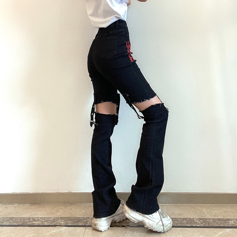 Ootdgirl  Hip Hop Jeans High Waist Hollow Out Cargo Pants Women Buckle Pants Joggers Street Adjustable Denim Trousers Goth Print