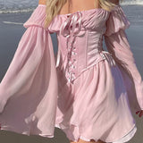 OOTDGIRL Fairy Pink Chiffon Mini Dress Chic Women Bandage Corset Vintage Long Puff Sleeve Sundress Slash Neck Bridesmaid Bodycon Beach