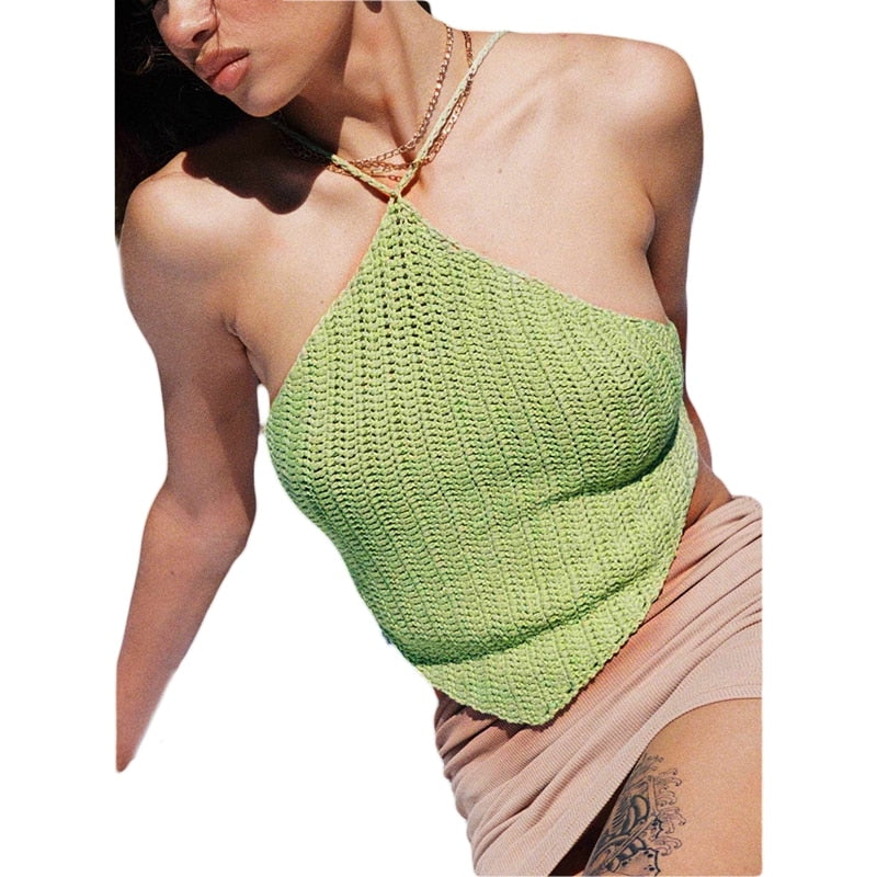 OOTDGIRL 90S Women Sexy Cami Top Y2K Aesthetic Green V Neck Sleeveless Backless Halter Crop Vest E-Girl Vintage Summer Tank Top Clothes