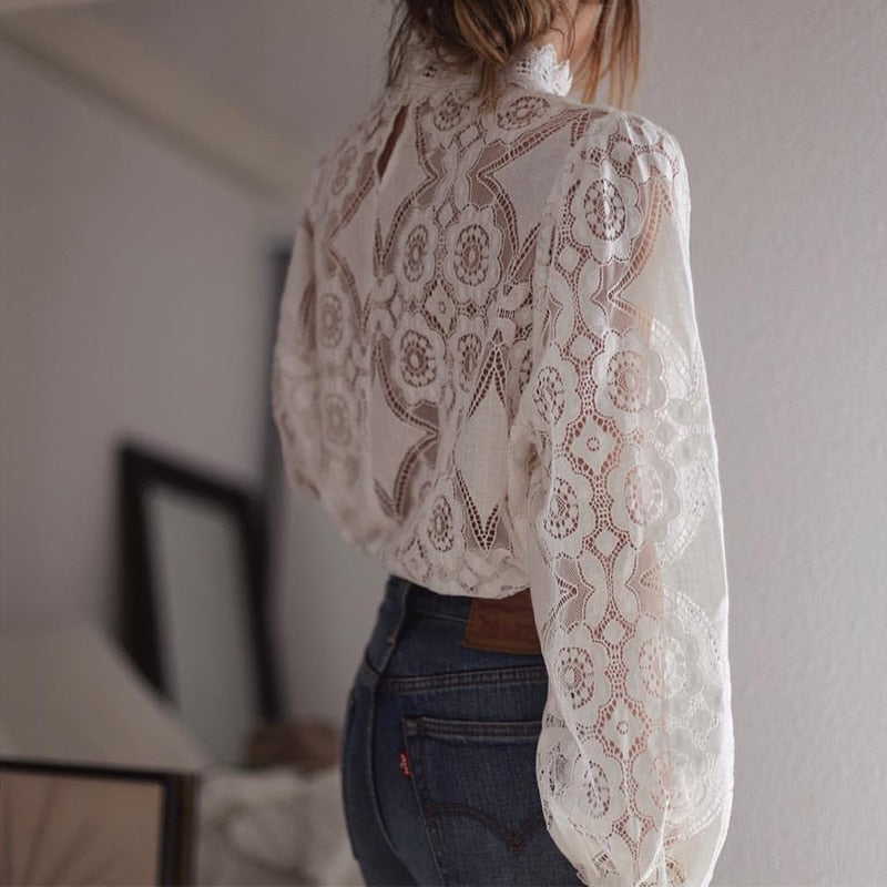 Ootdgirl  Women White Lace  Shirts Ladies Hollow Out Long Sleeve Stand Collar Mesh Short Tops Fashion For Club Party Summer