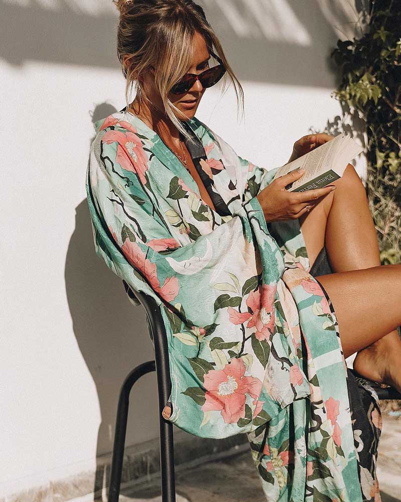 Ootdgirl  Bohemian Vintage Beach Kimono Swimwear Sashes Print Floral Cover-Up Big Sleeve Green Cotton Spring Autumn Cardigan