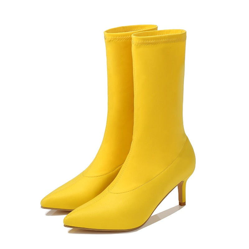 OOTDGIRL 2022 Women Stretch Yellow Sock Boots 7Cm High Heels Short Ankle Boots Lady Combat Kitten Low Heels Fetish Stripper Blue Shoes