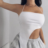 OOTDGIRL Female White Halter Crop Top Irregular Hem Backless Cami Y2K Girl Sexy Sleeveless Top Streetwear Women Clothes 2022 Summer