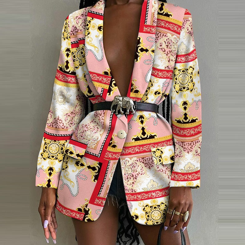Ootdgirl Fashion Women Printed Turn-Down Collar Buttons Cardigan Suit Coats Streetwear Long Sleeves Elegant Slim Party Office Lady Jacket
