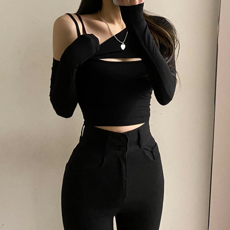 Ootdgirl  2 Piece T-Shirt And Cami Crop Top Women Y2K Harajuku Long Sleeve Skew Collar Casual Basic Tight  Tees Female Korean