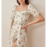 OOTDGIRL Summer Dresses For Women 2023 Party Elegant Square Neck Short Puff Sleeve Ruffle Hem High Slit Print Chiffon Midi Dress Sundress