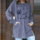 Ootdgirl Fashion Autumn Dandelion Print O Neck Long Sleeves Tops Casual Split Sport Streetwear T-Shirts Vintage Elegant Women's Pullover
