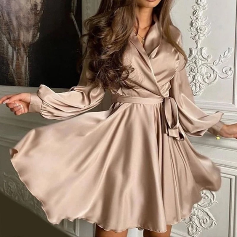 Ootdgirl   Satin Sashes A Line Mini Dress Lantern Sleeve Elegant Party Dress 2022 Autumn Fashion Women's Clothing Streetwear Vestidos