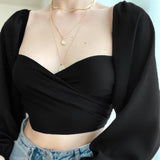 Ootdgirl  Long Sleeve Square Collar Tops  Elegant T-Shirts For Women Fashion Ruched Crop Top Solid Color Tees Autumn Lady Streetwear