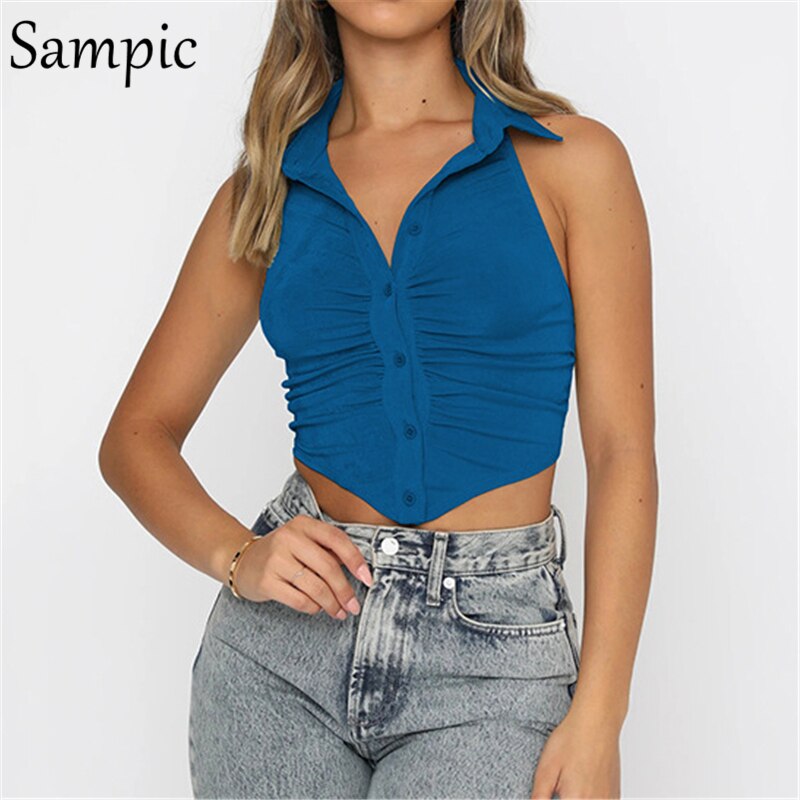 Y2K Party Backless Green 2021 Summer Crop Tops Women Halter Sleeveless Casual Chic Skinny Mini Ruched V Neck Tank Tops