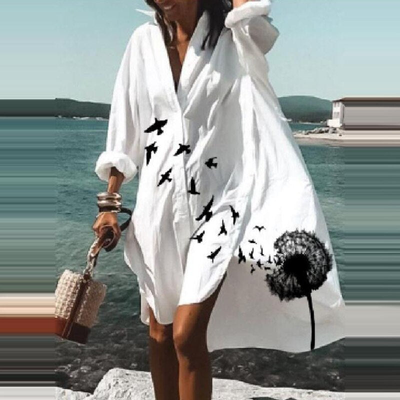 Ootdgirl Spring Summer New 2022 V Neck Casual Print Shirt Dresses Fashion Elegant Long Sleeves Irregular Buttons  Beach Party Dresses