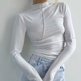 Ootdgirl  Autumn Patchwork T-Shirt Women Spring Streetwear Solid Long Sleeve Basic Tops Casual Turtleneck Slim Tee Female Pulover