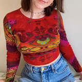 Ootdgirl  Fairy Grunge Long Sleeve T-Shirt Women Vintage Knitted Crop Top Tee Autumn Korean Tie Dye Print E Girl T Shirt 90S