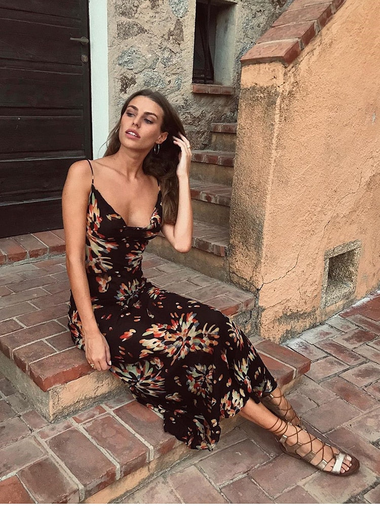 OOTDGIRL Print Maxi Dress Women Sexy Low Cut Cowl Neck Back Lace Up Sexy Dresses Seaside Party Club Wear Long Dress 2022 New