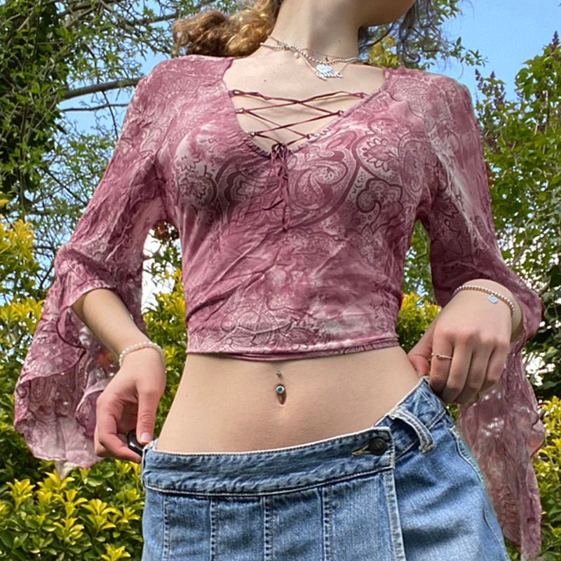 Ootdgirl  Grunge Fairycore Print Mesh Topstie Up Flare Sleeve T Shirt Ladies V-Neck Tees Women Autumn Vintage Aesthetic Clothes