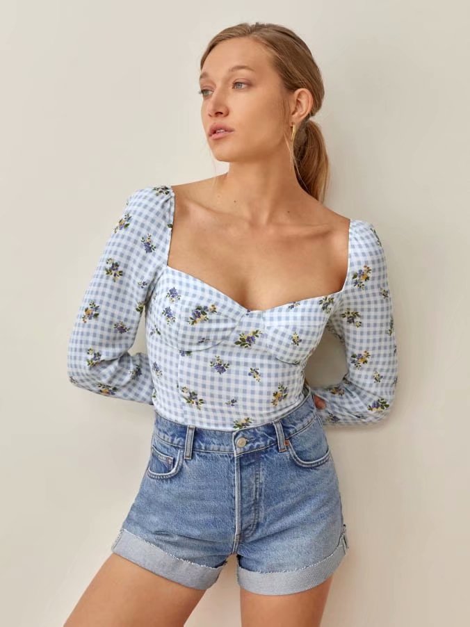 OOTDGIRL Vintage Blue Tartan Floral Print  Women Tops And Blouses Chic Slim Long Sleeve Ropa Mujer Fashion Square Collar Shirt Tops