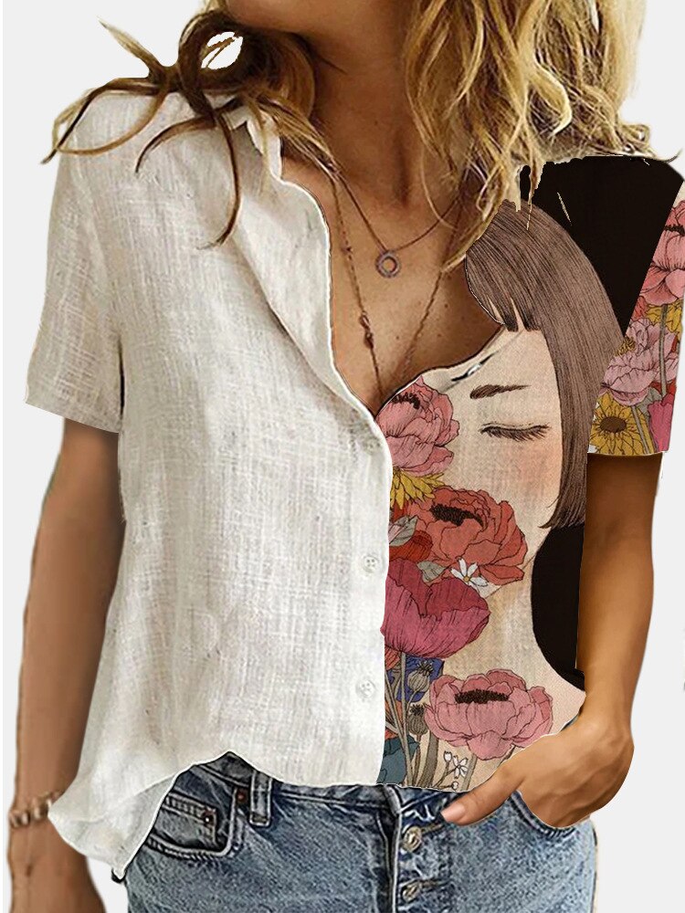 Ootdgirl  Vintage Portrait Print Long Sleeve Blouse Women 2022 Spring Summer Button Plus Size Cotton Lapel Casual Shirt Loose Fashion Tops