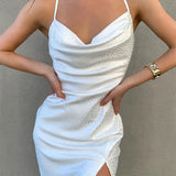 Ootdgirl  Women  High Split Sling Dress Pile Collar Backless Spaghetti Strap Dress 2022 Female White Leopard Elegant Party Dresses