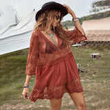 Ootdgirl  Deep V Neck Boho Beach Outing Sheer  Lace Tunic Pareo Swimwear Summer Vintage Short Dress Holiday Cover Up 2022