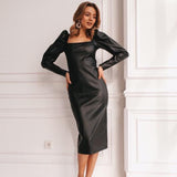 Ootdgirl  French Square Collar Puff Sleeve Bodycon Dress Women  Black Elegant Slim Wrap Dress Party 2022 Fashion Pu Leather
