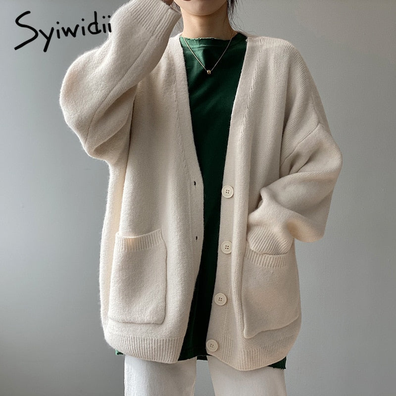 Ootdgirl  Fall Winter 2022 Knit Cardigan Casual Sweater Woman Long Sleeve V-Neck Pockets Loose Coats Vintage Oversized Jacket