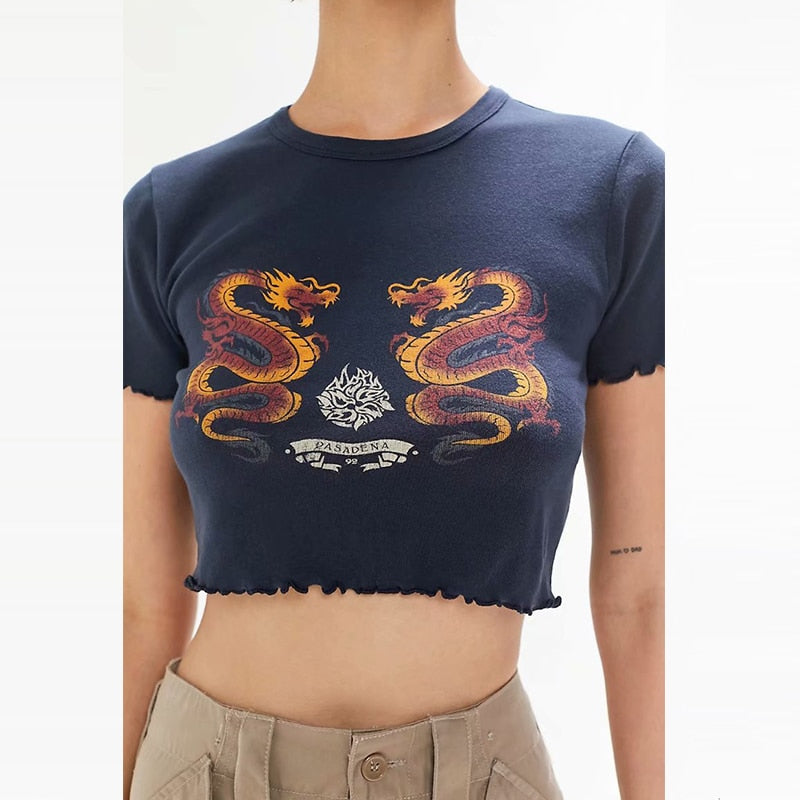 OOTDGIRL Navy Blue Tshirt Women Cartoon Tees Summer Tops Fashion Casual Female Oversized Crop T-Shirt 2022 Streetwear Summer Vestidos