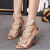 OOTDGIRL Luxury Women 11Cm High Heels Fetish Leather Sandals Sexy Gold Metal Wing Summer Shoes Lady Stiletto Party Valentine Sandles