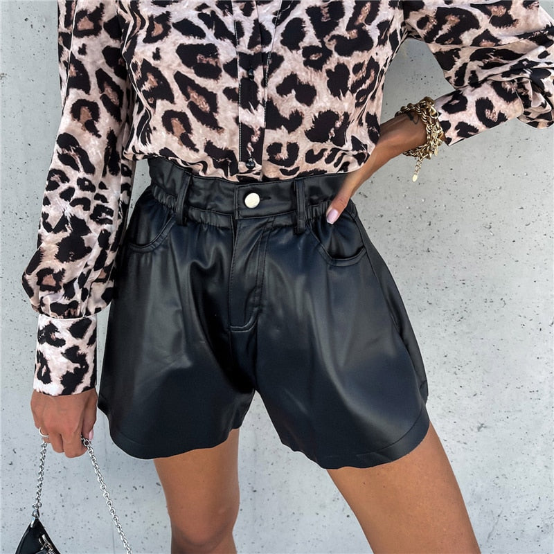 OOTDGIRL Back to School Women Fashion PU Leather Shorts Wide Leg Flared Short-Pants High Waist Soild Color Shorts Party Clubwear 2022 New