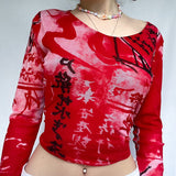 OOTDGIRL 90S Vintage Harajuku Gothic T-Shirt Y2K Aesthetic Graphic Print Long Sleeve Cropped Top Women Sweats Red Tees E-Girl Streetwear