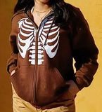 OOTDGIRL Back to School Y2K Aesthetic Skeleton Zip Up Hoodie 90S Vintage Graphic Printed Zipper Closure Top E-Girl Sweatshirts Spring Autumn