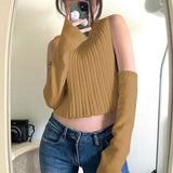 OOTDGIRL Chic Women Knitted Vest With Sleeve Turtleneck Crop Top Autumn Spring Sweater Y2K Aesthetic Streetwear Female Knitwear Clothes