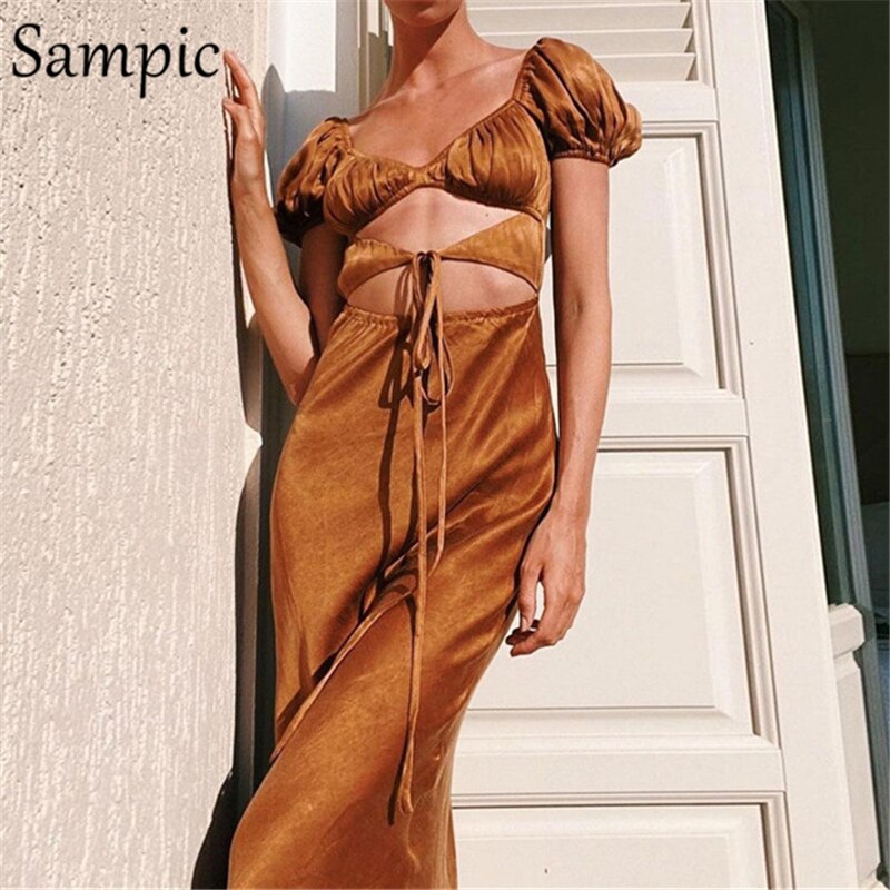 Ootdgirl  Stain Fashion Summer Hollow Out Bandage Long Bodycon Dress Ladies  Casual Puff Sleeve Party Club Wrap V Neck Dress