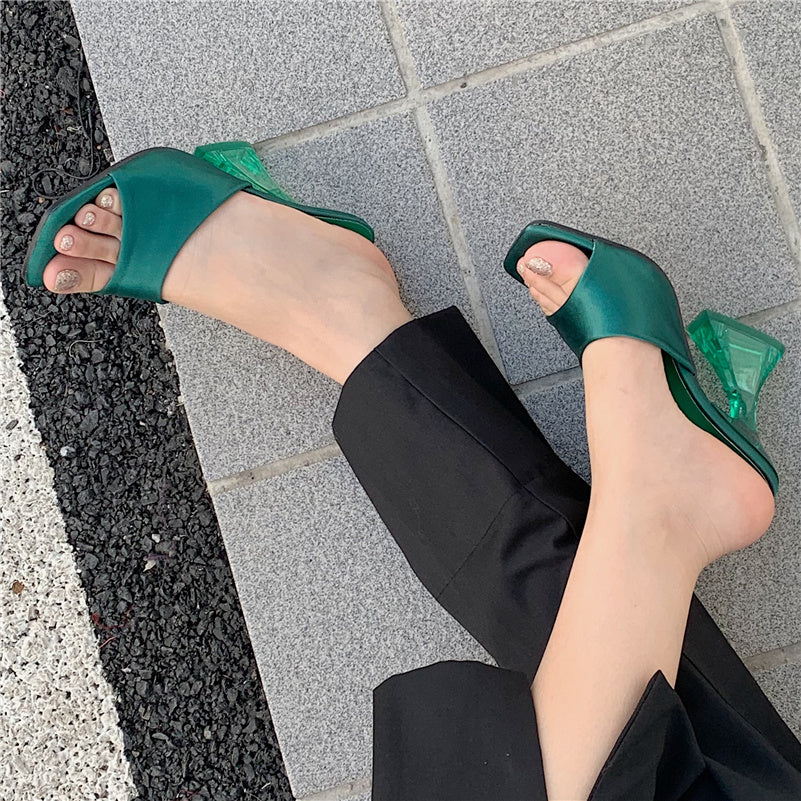 OOTDGIRL 2022 Women Summer 11Cm High Heels Slides Lady Transparent Clear Heels Silk Satin Mules Fashion Slipper Peach Orange Quality Shoe