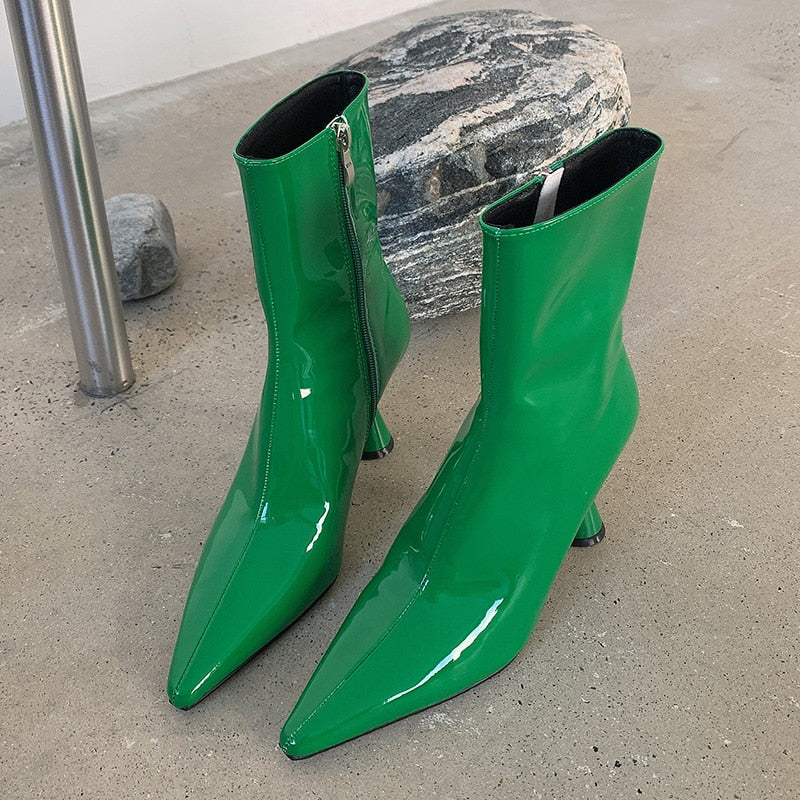OOTDGIRL 2022 Winter Luxury Women Patent Leather Ankle Boots Western Pointed Toe Green High Heels Short Boot Designer Party Fashion Shoes