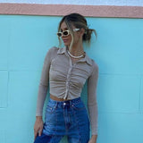 Ootdgirl   Collared Ruched Button Up Shirt Y2k Clothes Womens Crop Tops and Blouses Green Elegant Vintage Cardigan C92-CA20