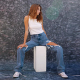 OOTDGIRL Women's Ripped Baggy Jeans Vintage High Waist 90'S Aesthetics Mom Y2k Denim Streetwear 2022 Spring Female Pants Straight Blue