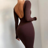 Ootdgirl  2022 Long Sleeve Solid O-Neck Backless Skinny Maxi Dress Autumn Winter Women Fashion  Streetwear Casual Wear