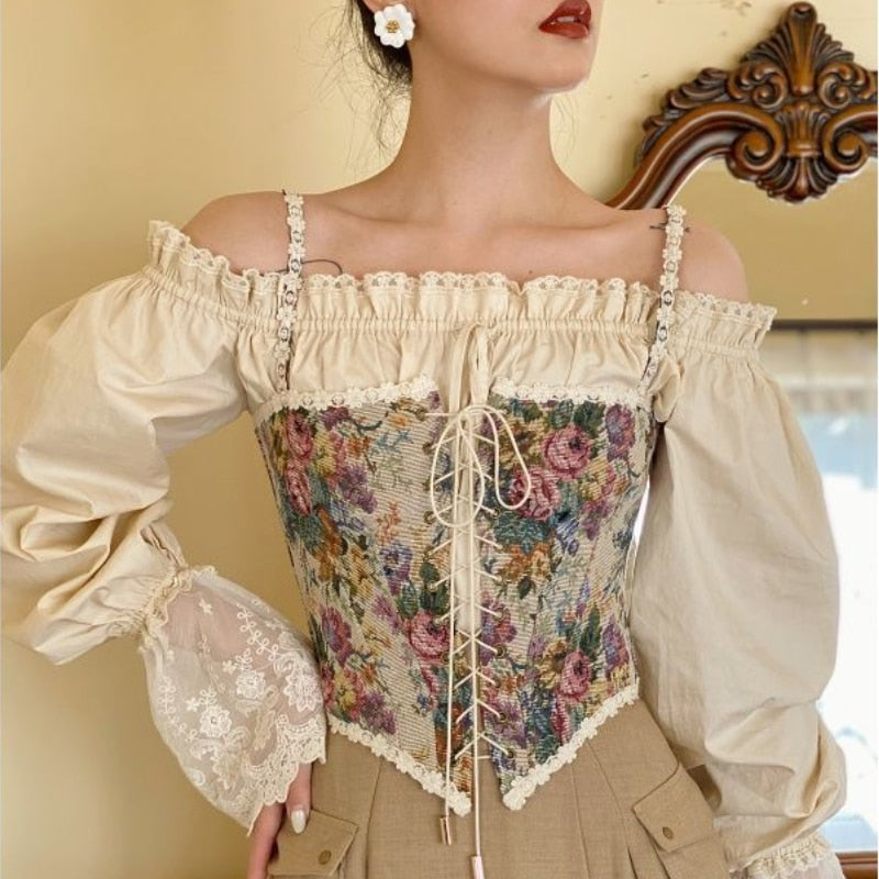 Ootdgirl  2022 Women Elegant Designer French Vintage Print Halter Tops Chic Bandage Floral Corset Shirts  Style Party Club Ladies Top