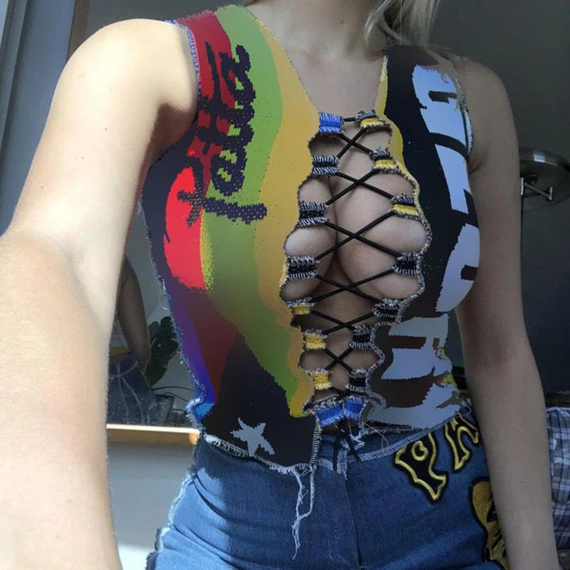 Women Cut Out Tie Front Tank Top Wrapped Vest Rough Hem Slimming Party Summer Hollow Bandage Letters Shirt Harajuku Cropped Top