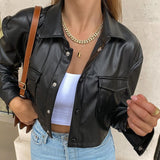 OOTDGIRL Women Crop Tops Leather Jacket Solid Color Black/White Long Sleeve Button Open Front Lapel Coat With Pockets 2022 Streetwear