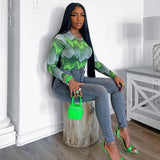 Ootdgirl  Long Sleeve Bodysuit  Tops Women 2022 Fall Winter Fashion Green Geometric Print T-shirts Baddie Aesthetic C82-BF16