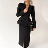 Ootdgirl  Office Lady Elegant Suits Solid Slim V-neck Long Sleeve Ruffles Tops Mid-calf Split Bottoms Women Autumn Suit Female Clothing