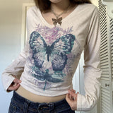 OOTDGIRL Y2k Butterfly Print Long Sleeve Crop Top Autumn V Neck Pullovers Tees Fairy Grunge 90S Vintage Women Harajuku T-Shirt