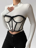Ootdgirl  Women White Corset Top Criss Lace Up Patchwork Underbust Transparent Mesh Strapless Skinny Body Vintage Wide Belt 2022
