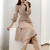 Ootdgirl  Korean Fashion 2022 Autumn Temperament High Waist Solid Color Simplicity Dress V-Neck Long Sleeve Elegant Women's Knit Dress